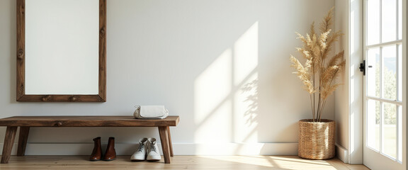 Minimalist Entryway with Wooden Bench, Mirror, and Dried Pampas Grass