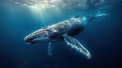 Fototapeta premium majestic humpback whale breaching turquoise ocean surface sunlight glints off water droplets creating ethereal mist powerful movement frozen in time