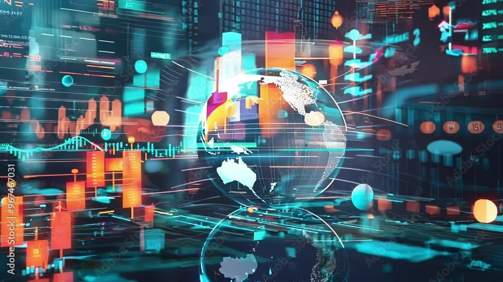 Poster holographic projection of planet earth is rotating in a futuristic technological environment with da