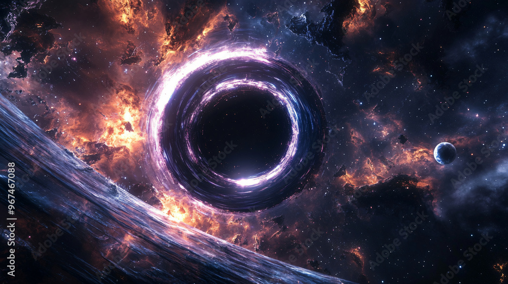 Poster a mesmerizing image of a black hole surrounded by cosmic elements, illustrating the fascinating and 