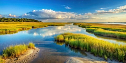 Beach landscape with salt marshes at Folley Beach, South Carolina, salt marsh, beach, Folley Beach, South Carolina, sunset