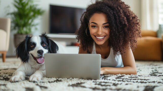A woman smiles while working on a laptop with her playful dog beside her in a cozy living room during the afternoon - Powered by Adobe