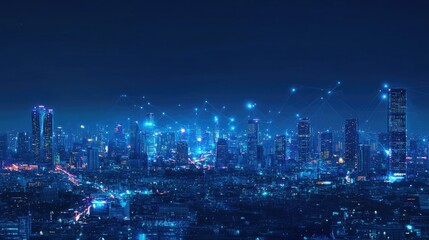 Banner smart city dot point connect with gradient line, connection technology metaverse concept. Bangkok city background at night with big data in Thailand, Panorama view.