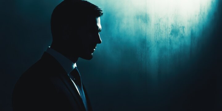 Silhouette of a businessman in a suit, captured in low light, exuding mystery and confidence against a dark background.