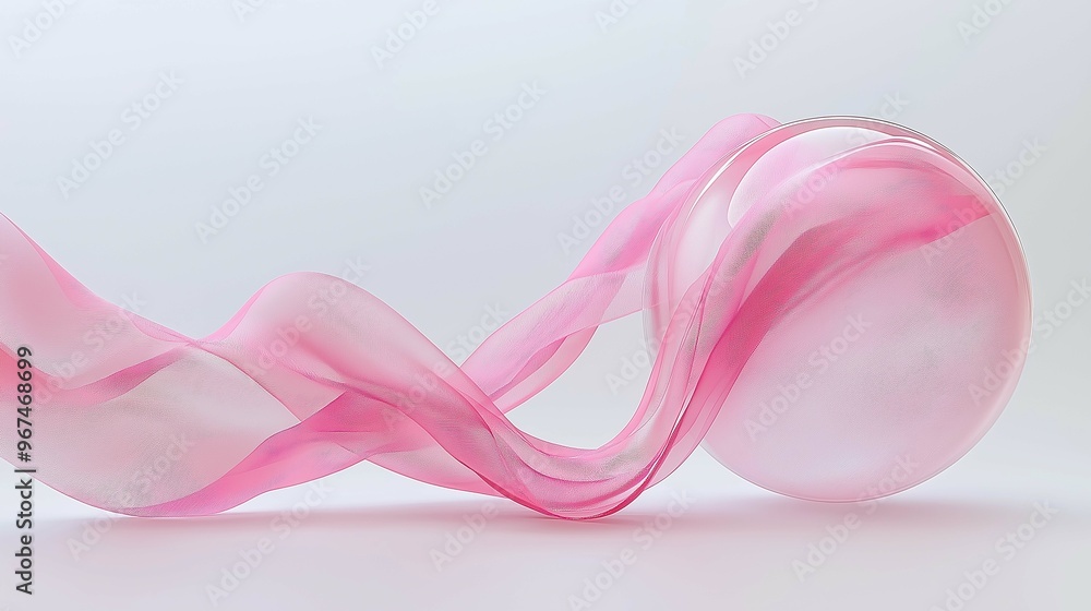 Wall mural 3d render of a pink ribbon gently draped over a sphere on a white background.