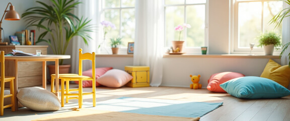 Bright and airy living room with yellow chair and pillows