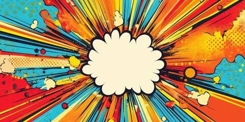 Fototapeta premium Vibrant comic-style explosion graphic featuring colorful rays and a speech bubble for text or messaging.