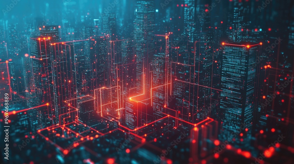 Poster big data connection technology. cityscape telecommunication and communication network concept
