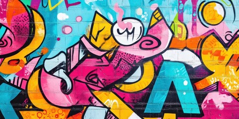 Obraz premium Vibrant graffiti artwork featuring colorful designs and playful characters on a street wall, showcasing urban creativity and expression.