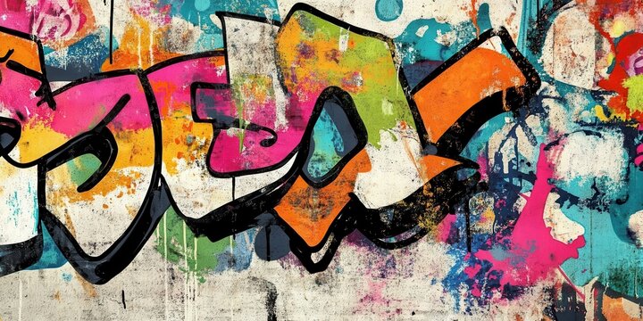 Vibrant graffiti art featuring bold colors and dynamic shapes against a textured wall. Perfect for urban and modern aesthetics.