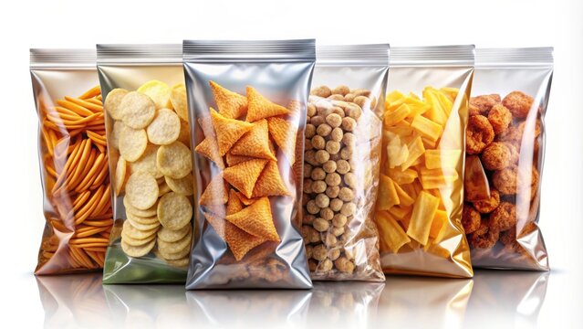 Photorealistic of various snack packaging , snacks, packaging, photorealistic,chips, pretzels, cookies, crackers, nuts, popcorn