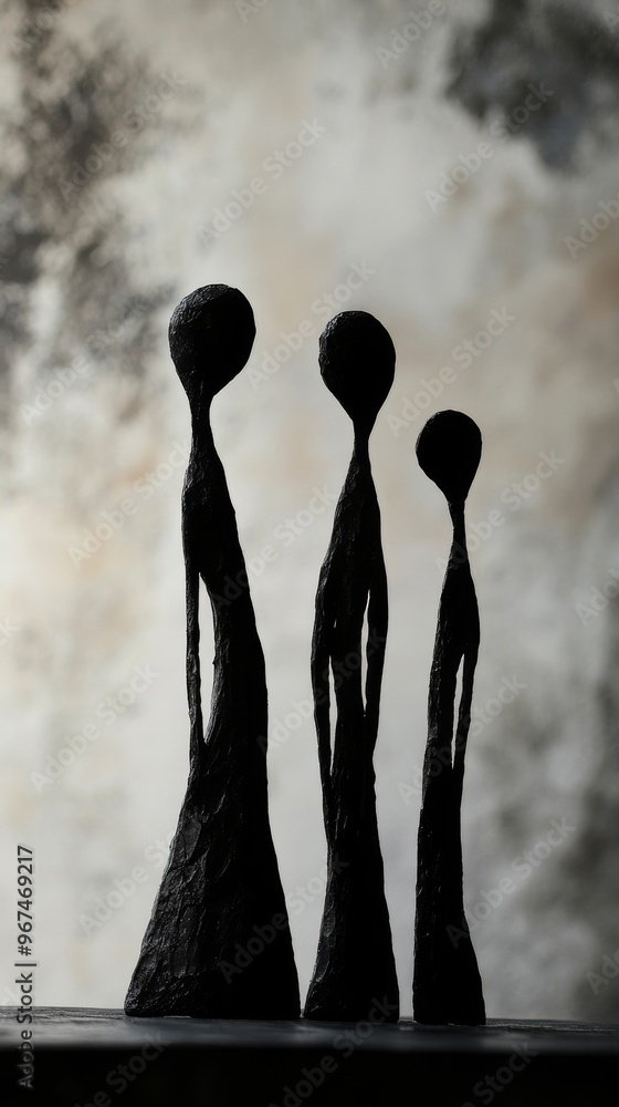 Poster abstract sculpture of three figures on a blurred background