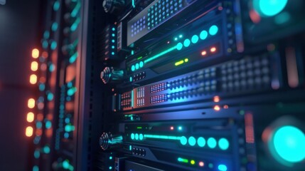 Obraz premium Modern data center with illuminated server racks and digital displays in a dark environment