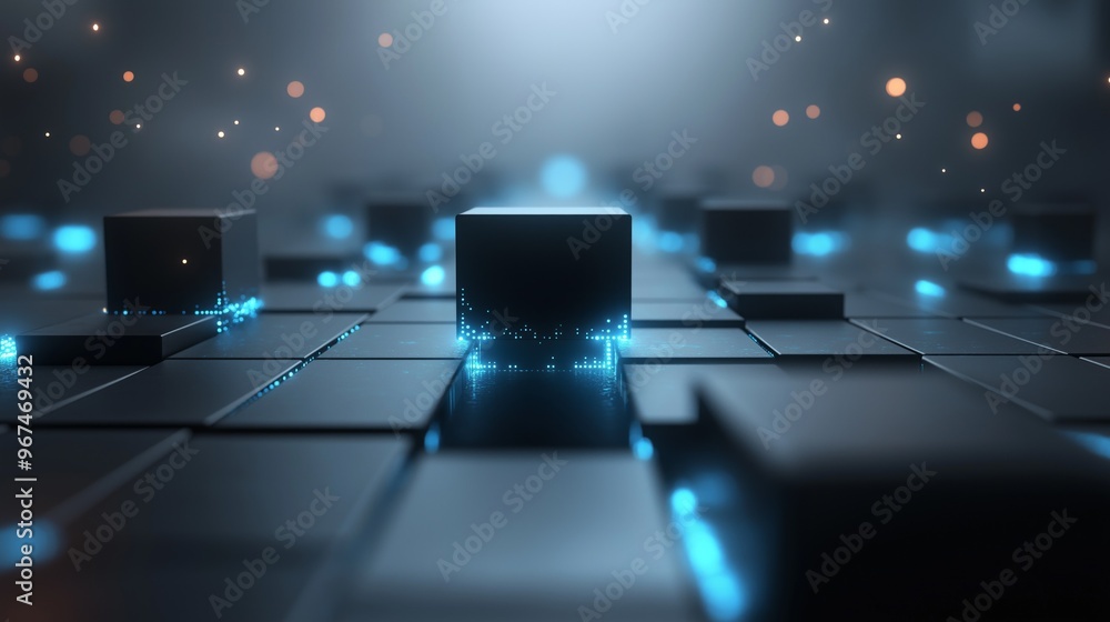 Poster a glowing digital pathway of interconnected blocks leads to a centralized bank structure symbolizing