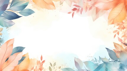 Fototapeta premium Background with Empty Space for Text. Elegant Watercolor Foliage Frame. Painted Botanical Border with Colorful Leaves. Copy Space