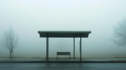 A bus stop on a foggy morning, barely visible through the mist, completely abandoned.