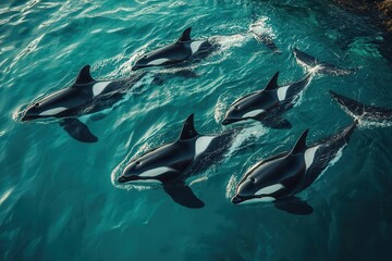 Fototapeta premium majestic pod of orcas gliding through crystalclear azure waters sleek black and white bodies move in perfect synchronization embodying the power and grace of these magnificent marine predators