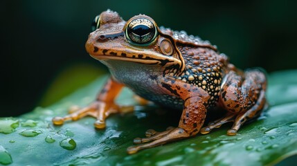 Obraz premium A close-up of a frog sitting on a wet leaf after a rain shower, with droplets of water glistening on its skin.