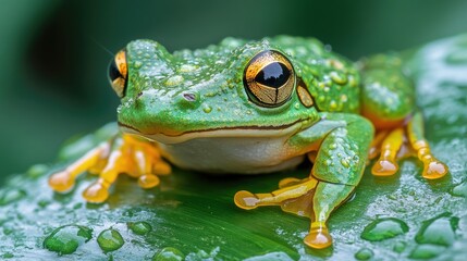 A close-up of a frog sitting on a wet leaf after a rain shower, with droplets of water glistening on its skin.