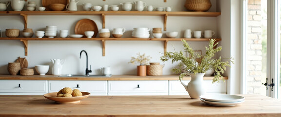 Wooden Table with White Dishes and Flowers in a Kitchen