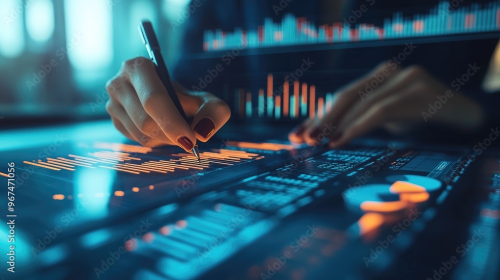 Poster business person working and analysing stock market report. financial dashboard with business intelli