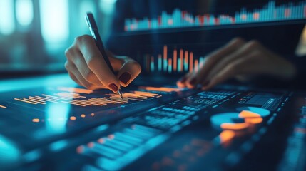 Business person working and analysing stock market report. Financial dashboard with business intelligence key performance indicators.