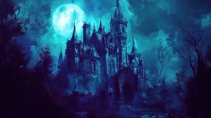 Fototapeta premium Scary Haunted Castle Poster with Halloween Background