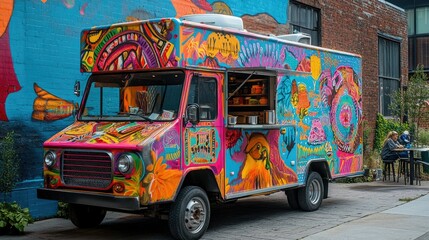Obraz premium A colorful food truck parked in an urban street, ready to serve customers, with vibrant street art in the background.