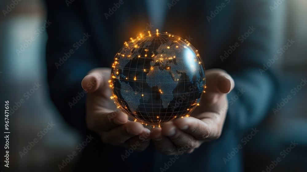 Poster businessman holding global network connection on social networking and customer data analytics, busi