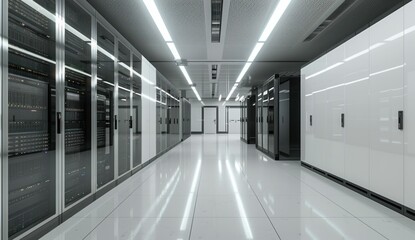 Fototapeta premium Modern data center interior with server racks and bright lighting
