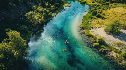 A crystal-clear river winding through a lush valley, with kayakers paddling downstream, enjoying the serene surroundings.