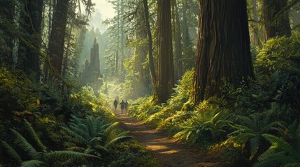 Fototapeta premium A dense forest trail in the heart of a national park, with towering redwoods and ferns lining the path, and hikers making their way through.