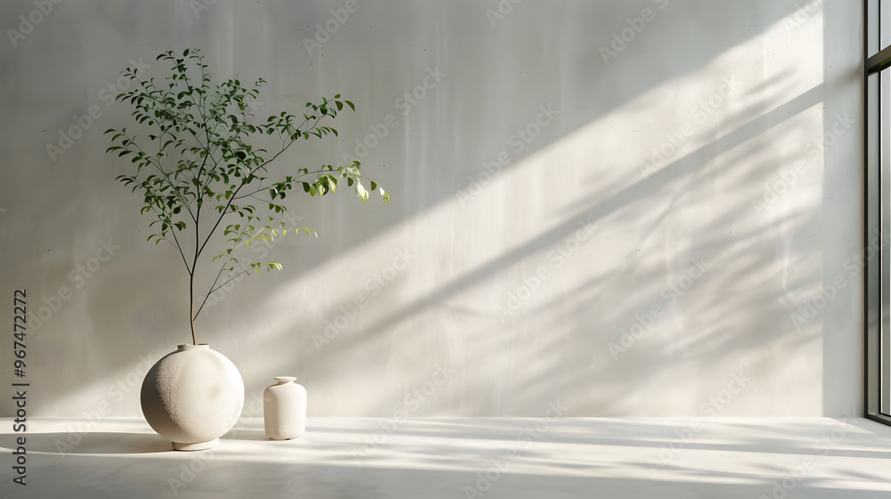 Poster sunlight streaming through a window onto two vases on a white floor. generative ai.