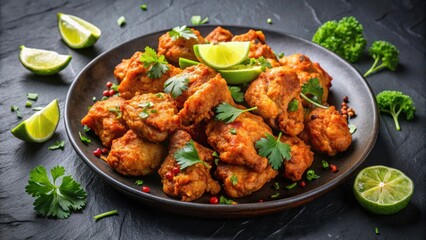 Fototapeta premium Spicy fried chicken with cilantro and lime on a black plate, spicy, fried chicken, garnish, cilantro, lime, citrus, flavorful