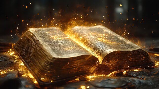 majestic illuminated bible open to the book of proverbs golden light emanates from its pages surrounded by an atmosphere of ancient wisdom and spiritual significance