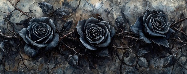Black roses, thorns entwined, gothic garden, Watercolor style