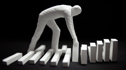 Abstract paper cutout figure arranging blocks in a sequence, minimalist conceptual art, progress and planning metaphor, modern sculpture