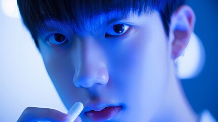 Close up view of a young man taking a medicine pill for health and wellness management