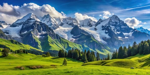 Alpine mountain landscape with snowy peaks, green meadows, and blue sky, mountains, alpine, snow, peaks, meadows, green
