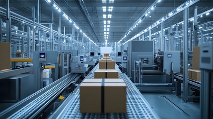  Large warehouse with packages moving on a conveyor system, showcasing the efficiency of a modern, automated industrial supply chain in action.