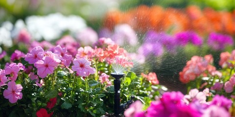 Obraz premium Sprinkler irrigation system watering a vibrant flower bed, sprinkler irrigation, efficient garden maintenance
