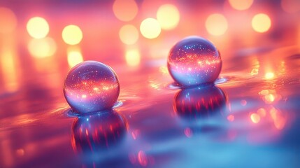 mesmerizing bokeh light orbs dancing on glossy surface prismatic color fusion dreamy abstract atmosphere