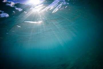Obraz premium Beautiful sun rays on the blue ocean underwater.