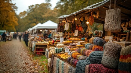  Market stalls selling handmade crafts, wool products, and local goods at an outdoor fair in autumn, with vibrant fall colors surrounding the scene.