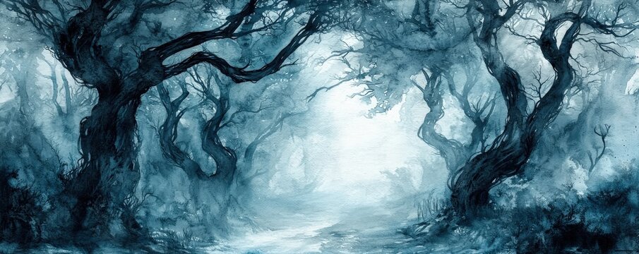 Dark forest, twisted trees, shadowy figures, Watercolor style