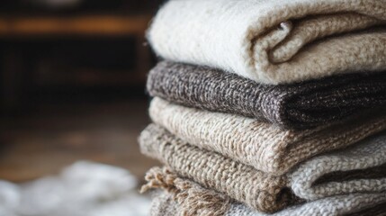 Soft wool textiles stacked in a cozy home interior, showcasing neutral tones and textures on a tranquil afternoon