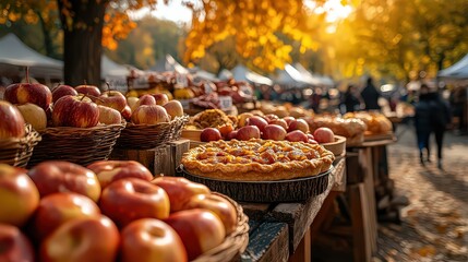  Fresh apples and apple pies on display at outdoor autumn market, capturing warm, inviting atmosphere of seasonal harvest and local produce.