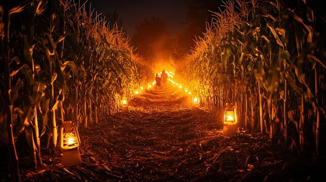  Glowing lanterns lighting a cornfield maze at night, setting a spooky and festive mood for Halloween or fall celebration events.