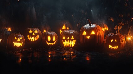 Illustration of Glowing Carved Pumpkins with Evil Faces in the Darkness on Halloween Night