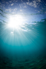 Obraz premium Beautiful sun rays on the blue ocean underwater.